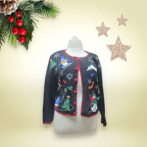 Vintage Nutcracker medium Christmas cardigan sweater scoop neck shoulder pads
